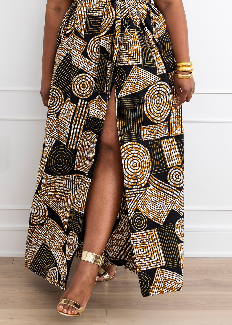 Ronke African Print Halter Maxi Dress (Black Brown Geometric)