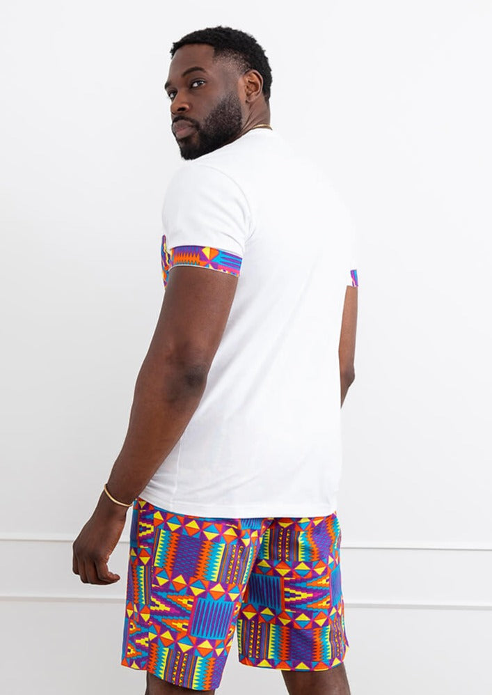 Seun Men's African Print T-Shirt with Pocket (Rainbow Kente)