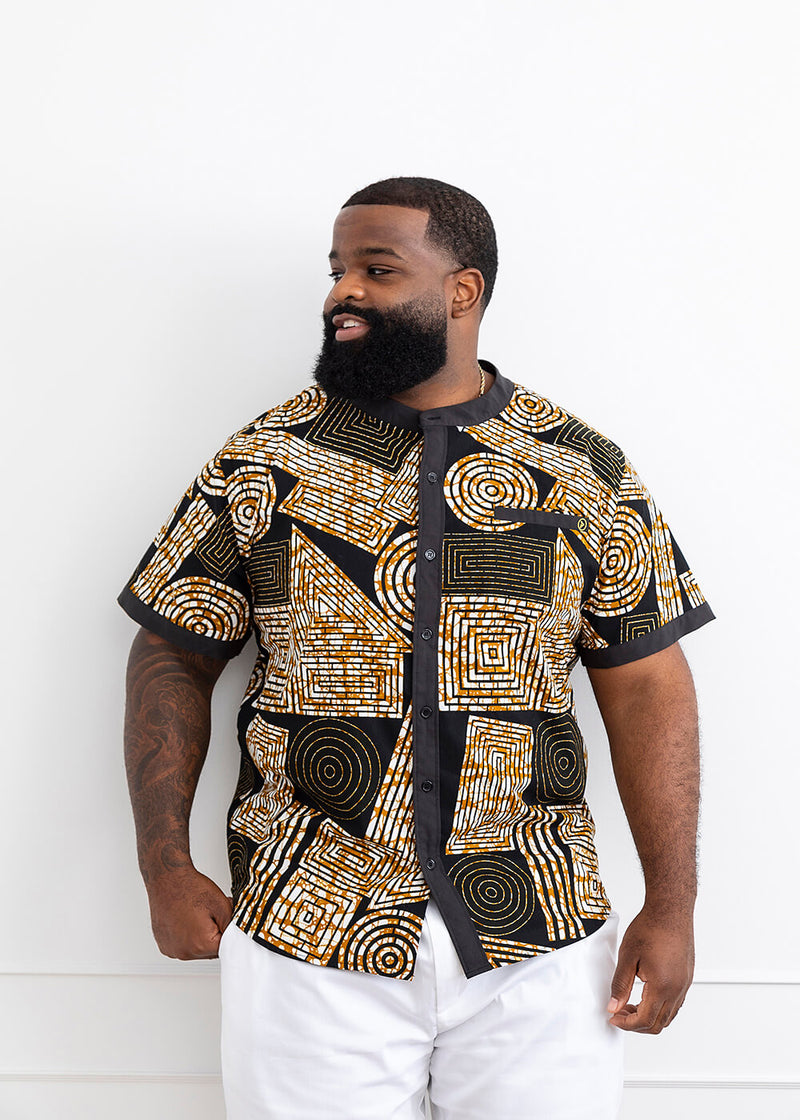 Olu Short Sleeve Mandarin Button-Up African Print Shirt (Black Brown Geometric)