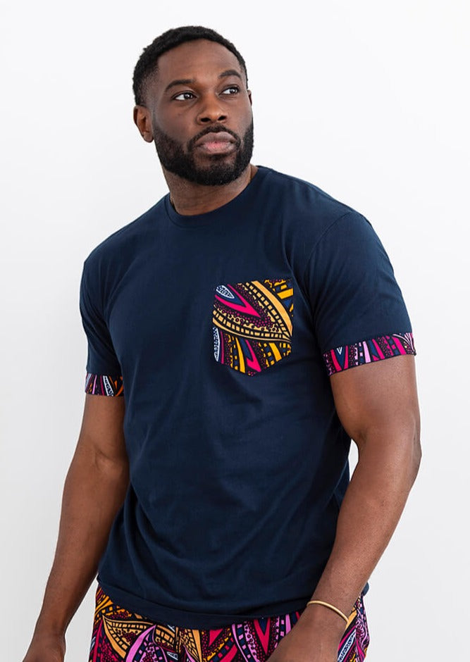 Seun Men's African Print T-Shirt with Pocket (Sunset Leaves)
