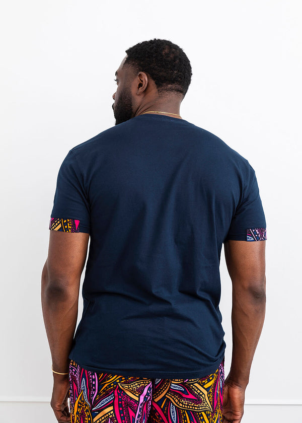 Seun Men's African Print T-Shirt with Pocket (Sunset Leaves)