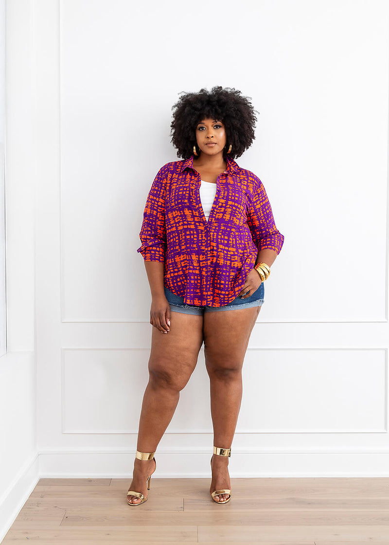 Kwamena Women's African Print Button-Up (Purple Tangerine Adire)
