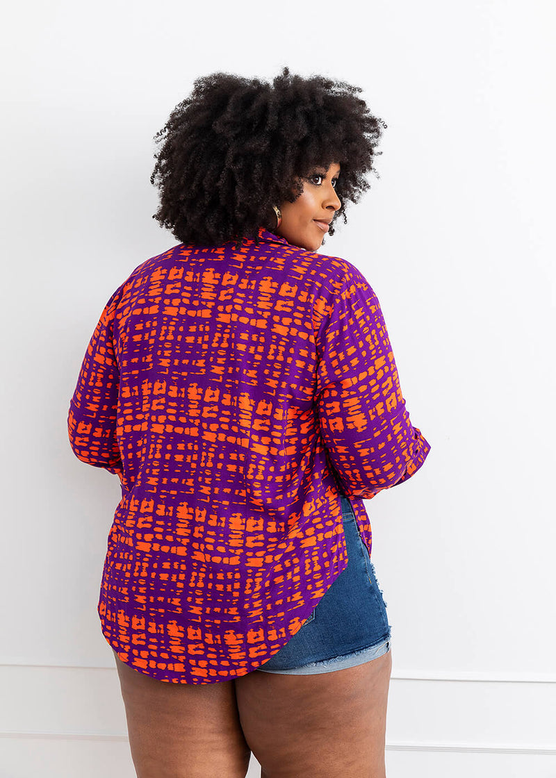 Kwamena Women's African Print Button-Up Shirt (Purple Tangerine Adire)