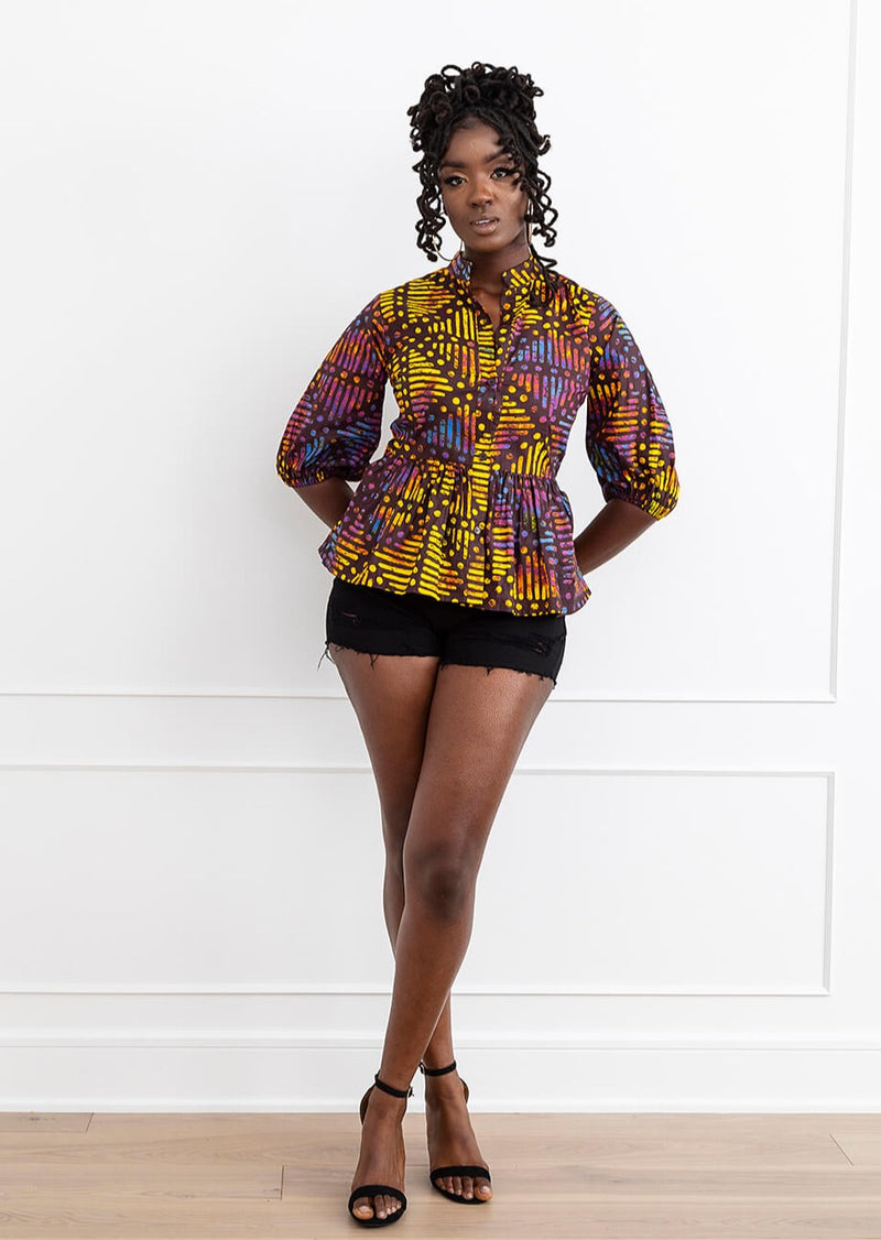 Aega Women's African Print Peplum Blouse (Sunset Adire)