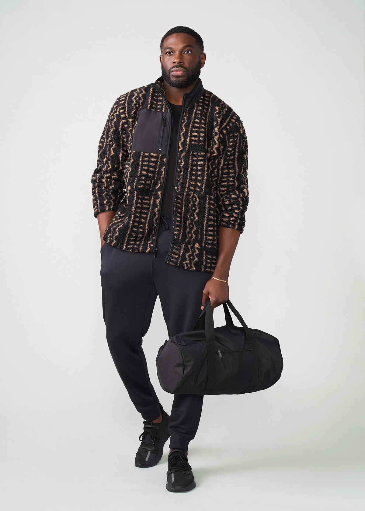 Gatimu Men's African Print Teddy Fleece Jacket (Tan Tribal Lines) - Clearance
