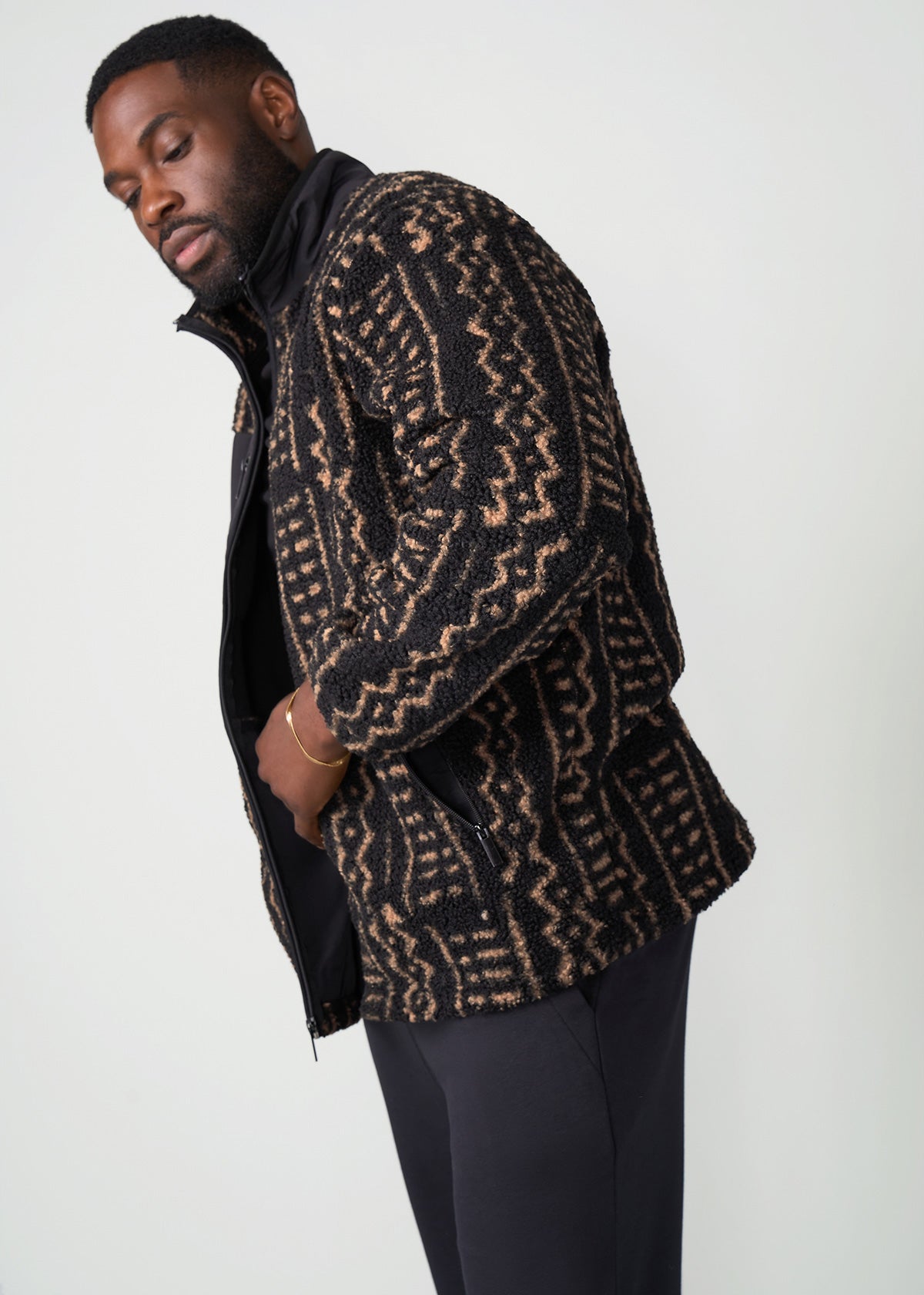Gatimu Men's African Print Teddy Fleece Jacket (Tan Tribal Lines) - Clearance