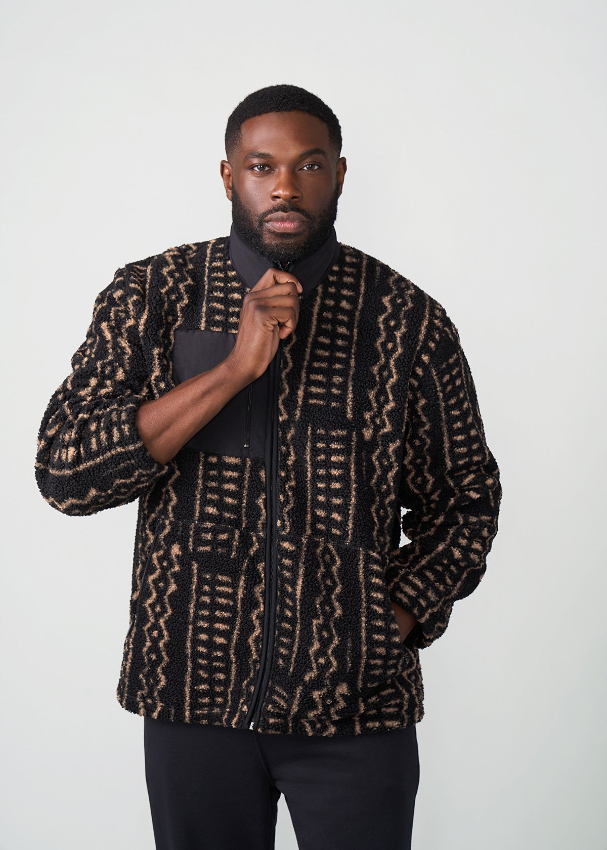 Gatimu Men's African Print Teddy Fleece Jacket (Tan Tribal Lines) - Clearance