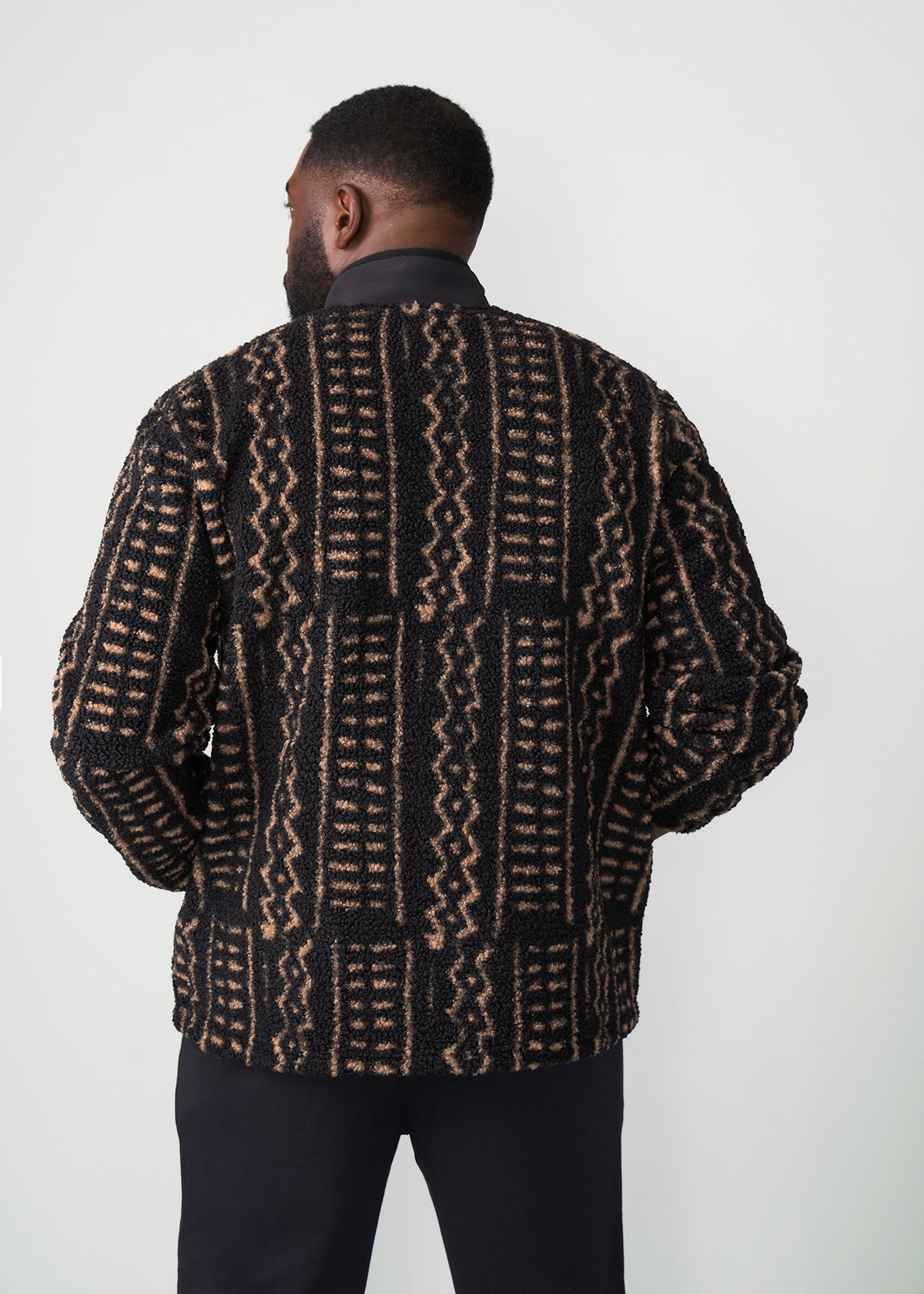 Gatimu Men's African Print Teddy Fleece Jacket (Tan Tribal Lines) - Clearance
