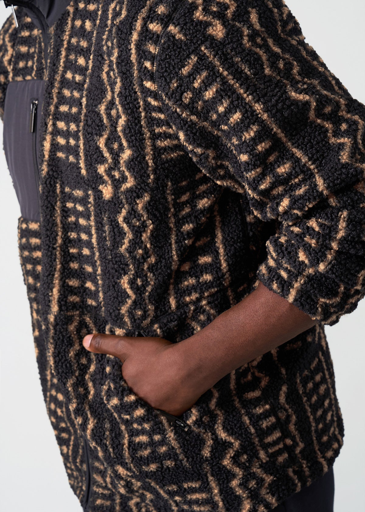 Gatimu Men's African Print Teddy Fleece Jacket (Tan Tribal Lines) - Clearance