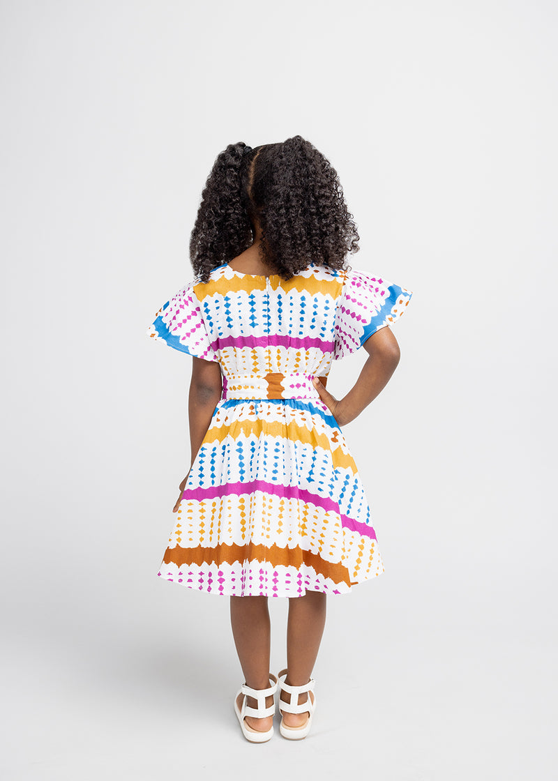 Kadija Girl's African Print Butterfly Sleeve Dress (White Nautical Adire)