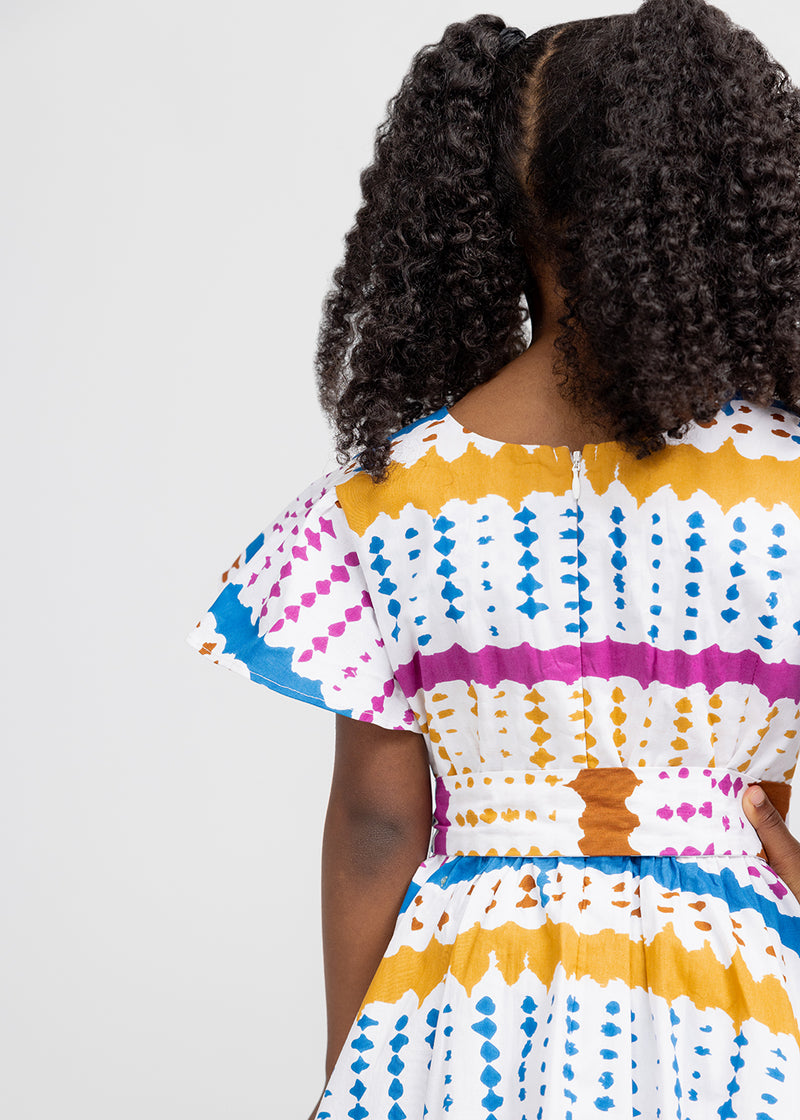 Kadija Girl's African Print Butterfly Sleeve Dress (White Nautical Adire)
