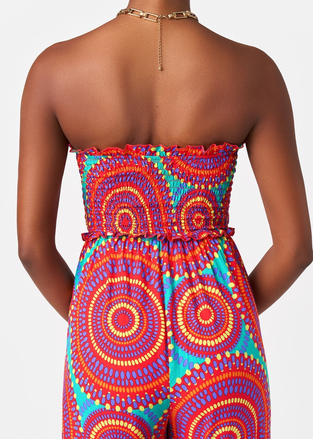 Hadija Women's African Print Jumpsuit (Turquoise Red Circles) - D'IYANU