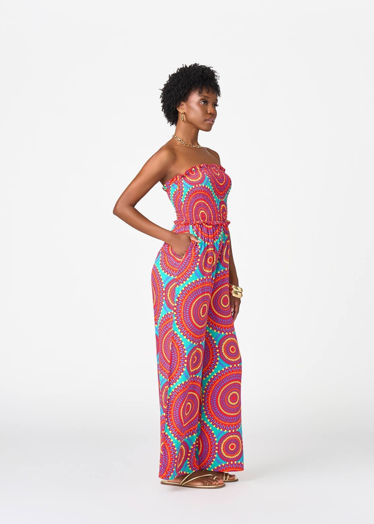 Hadija Women's African Print Jumpsuit (Turquoise Red Circles) - D'IYANU