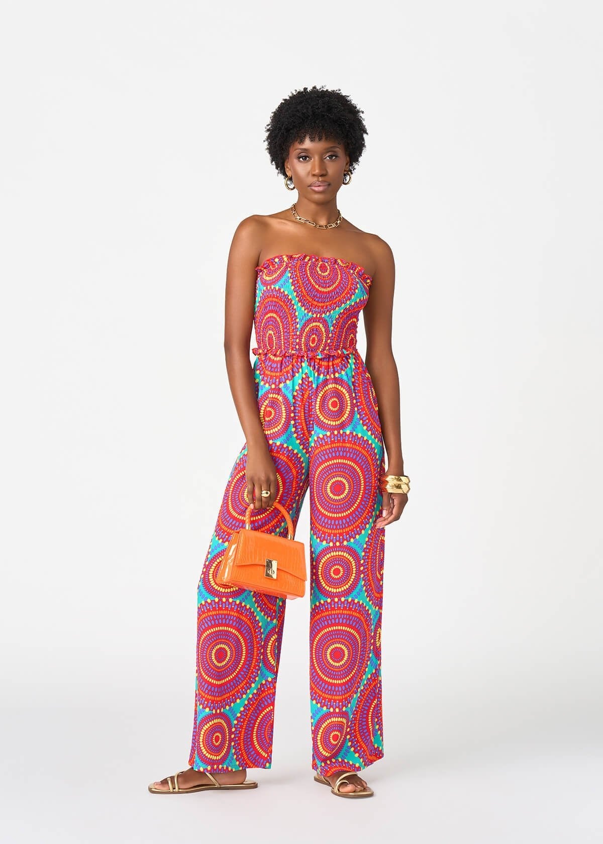 Hadija Women's African Print Jumpsuit (Turquoise Red Circles) - D'IYANU