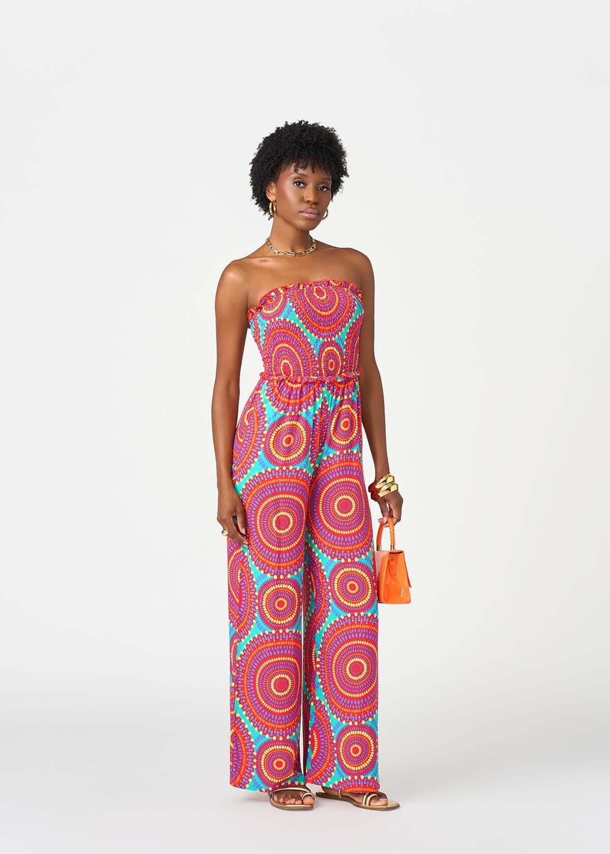 Hadija Women's African Print Jumpsuit (Turquoise Red Circles) - D'IYANU