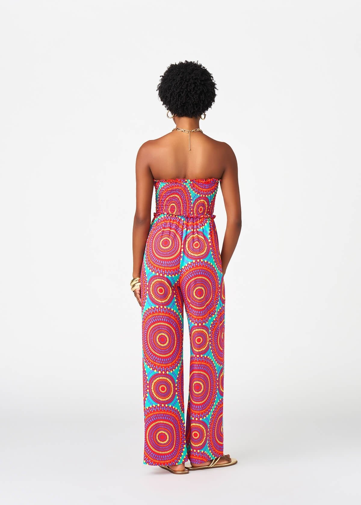 Hadija Women's African Print Jumpsuit (Turquoise Red Circles) - D'IYANU