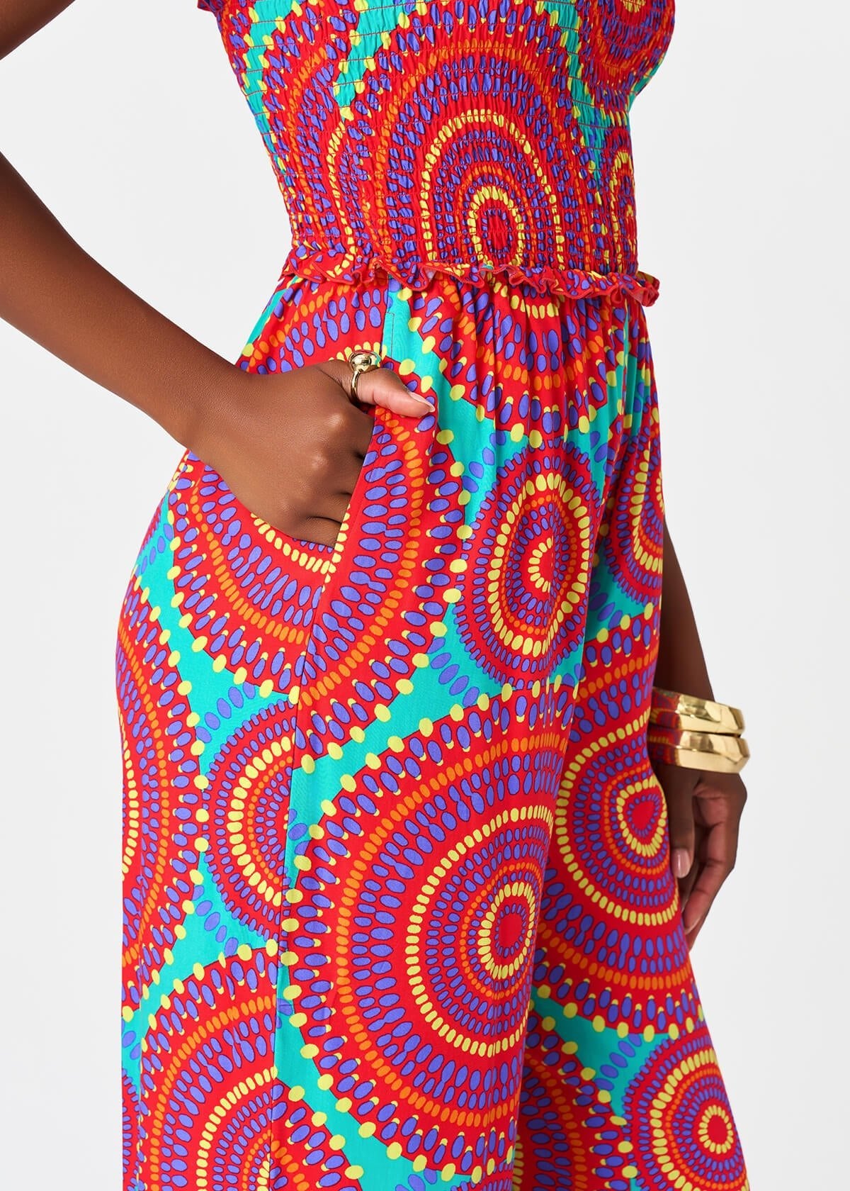 Hadija Women's African Print Jumpsuit (Turquoise Red Circles) - D'IYANU