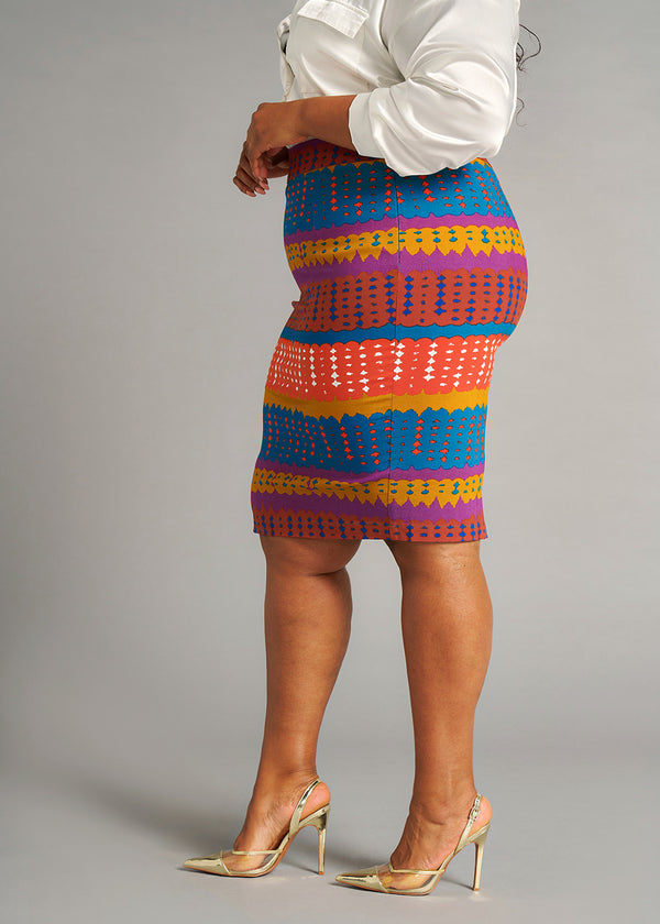 Hadiza Women's Afircan Print Stretch Pencil Skirt (Orange Teal Adire)