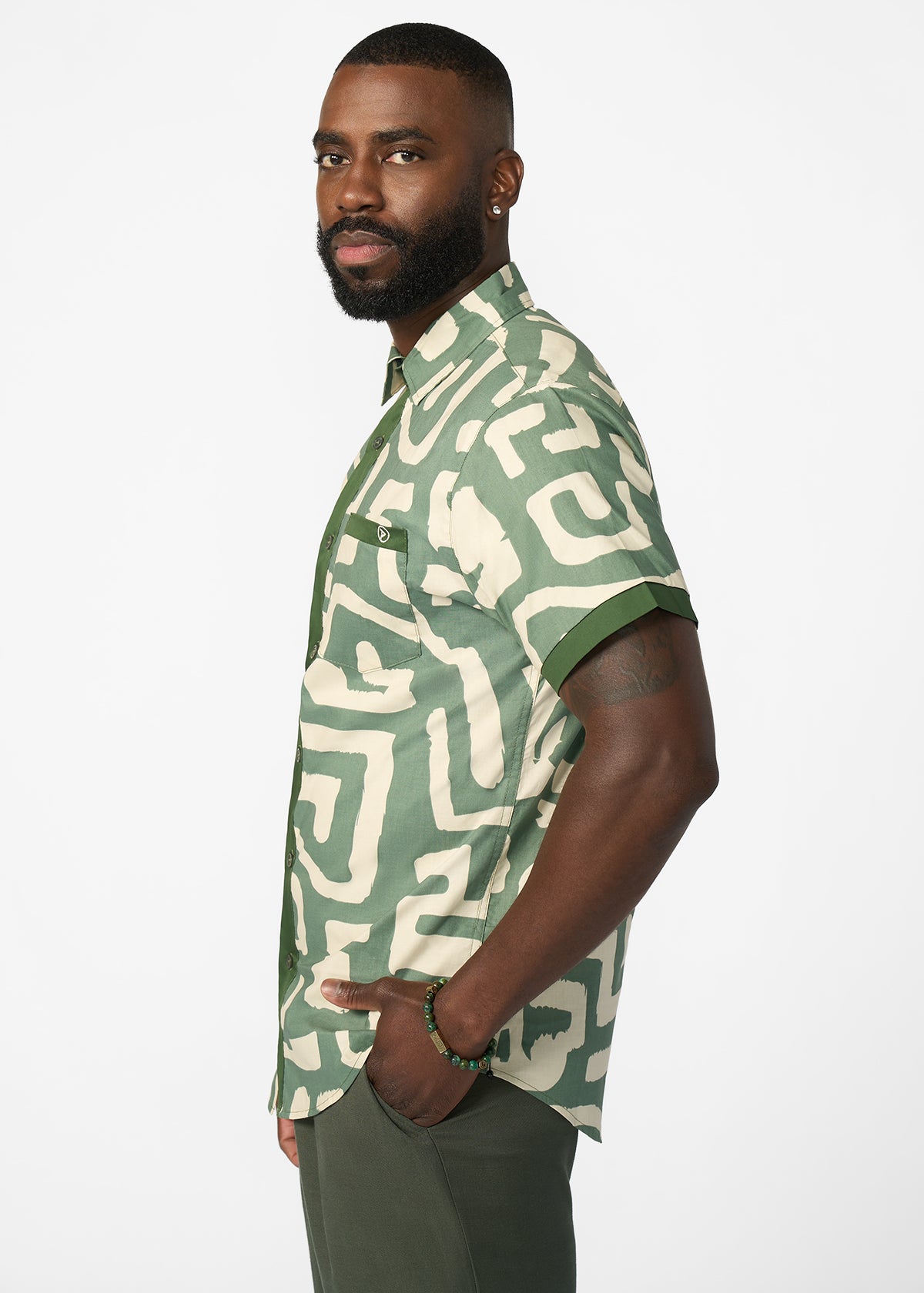 Hakim Men's Button-Up Shirt (Olive Geometric)