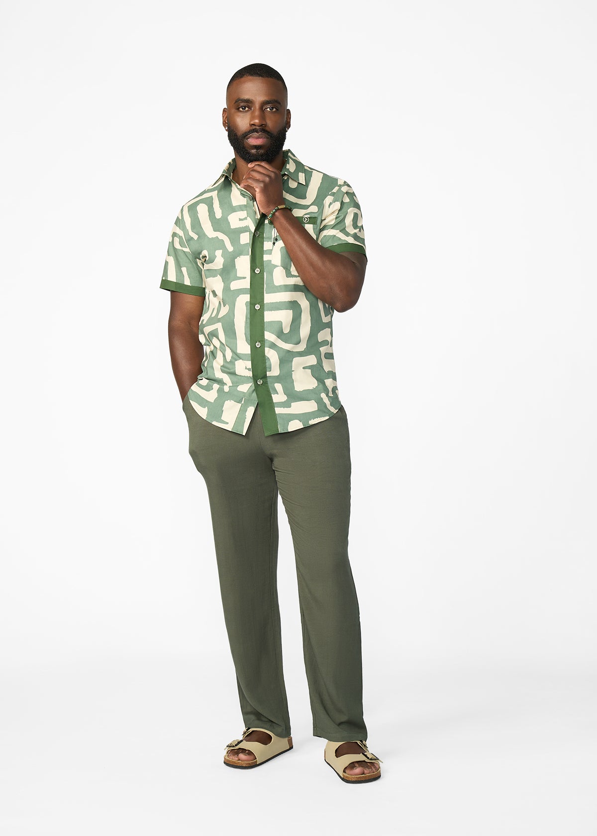 Hakim Men's Button-Up Shirt (Olive Geometric)