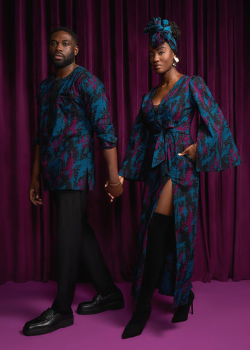 Liya Women's African Print Maxi Dress (Midnight Teal Abstract)