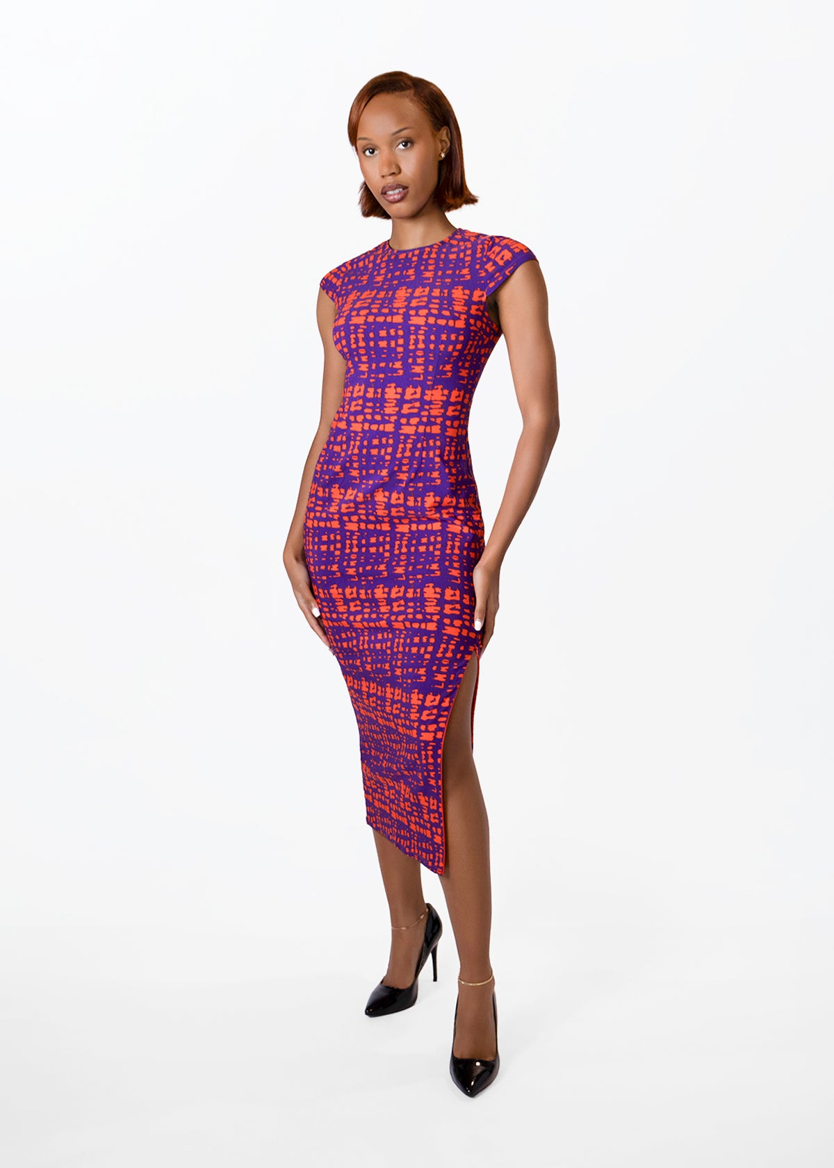 Ashantee Women's Cap Sleeve African Print Stretch Tunic Dress (Purple Tangerine Adire)