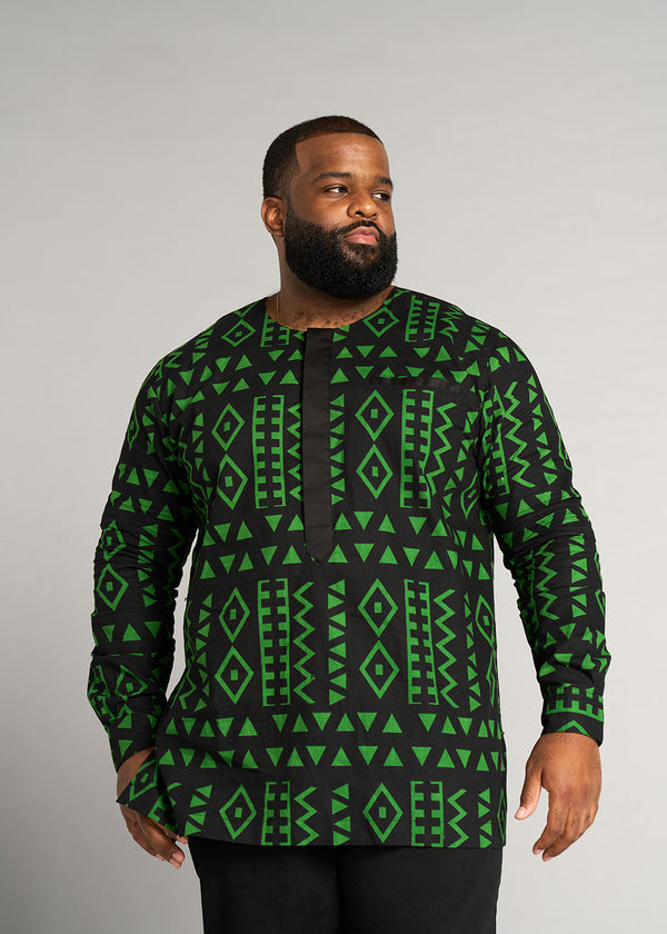 Ibrahim Men's African Print Traditional Shirt (Moss Black Geometric)