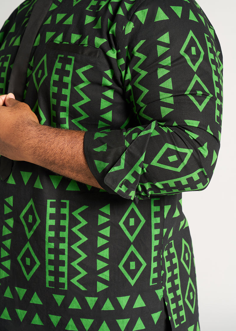 Ibrahim Men's African Print Traditional Shirt (Moss Black Geometric)
