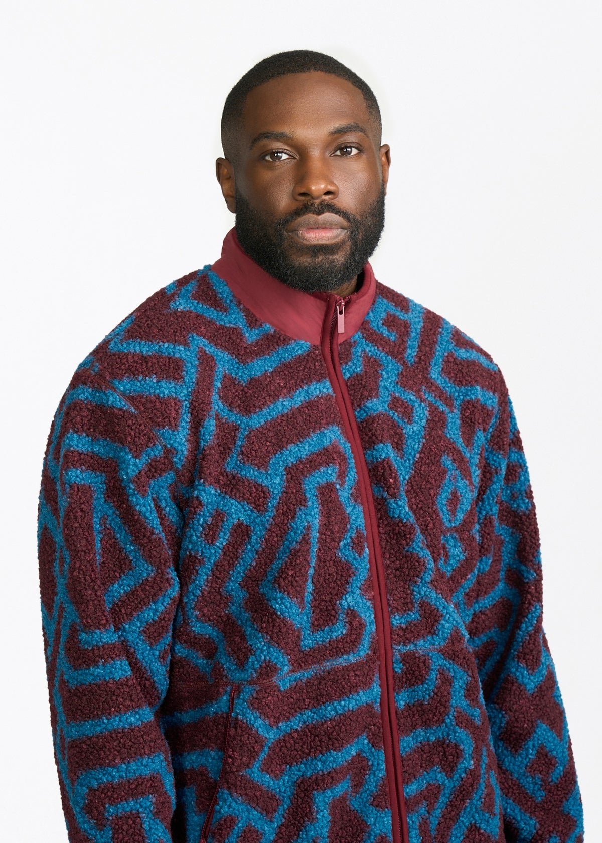 Idir Men's African Print Teddy Fleece Jacket (Maroon Teal Tribal) - D'IYANU