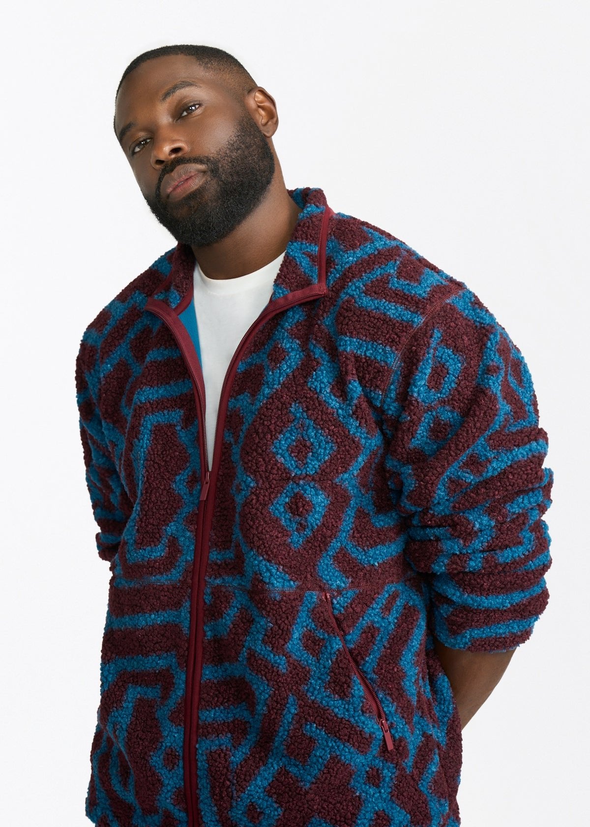 Idir Men's African Print Teddy Fleece Jacket (Maroon Teal Tribal) - D'IYANU