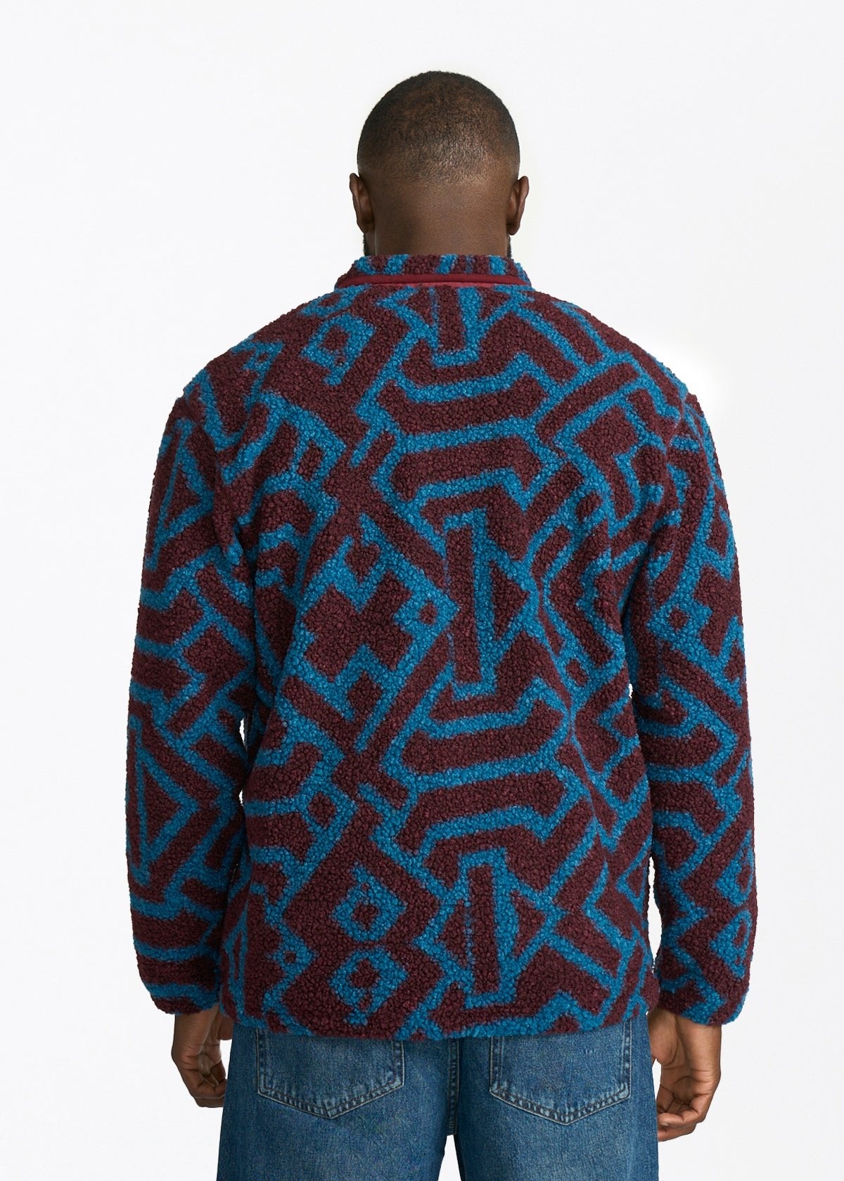 Idir Men's African Print Teddy Fleece Jacket (Maroon Teal Tribal) - D'IYANU