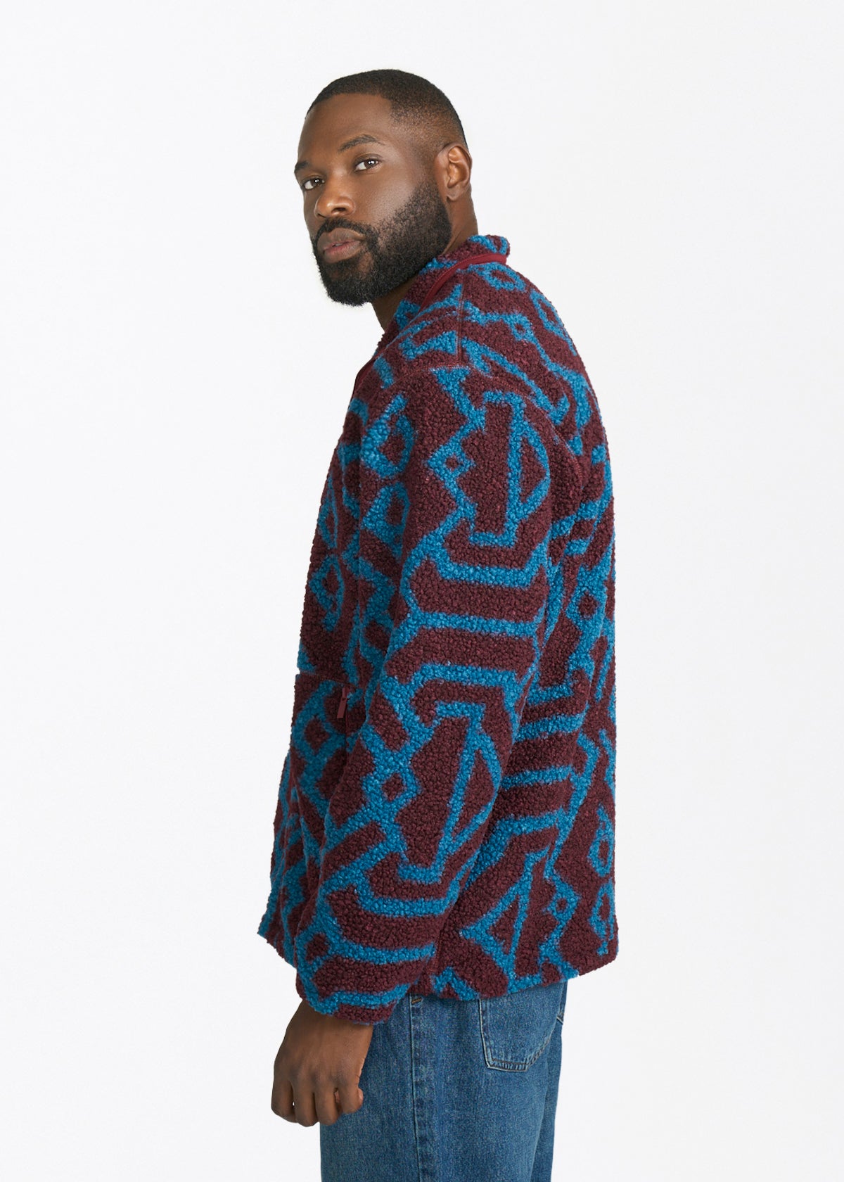 Idir Men's African Print Teddy Fleece Jacket (Maroon Teal Tribal) - D'IYANU