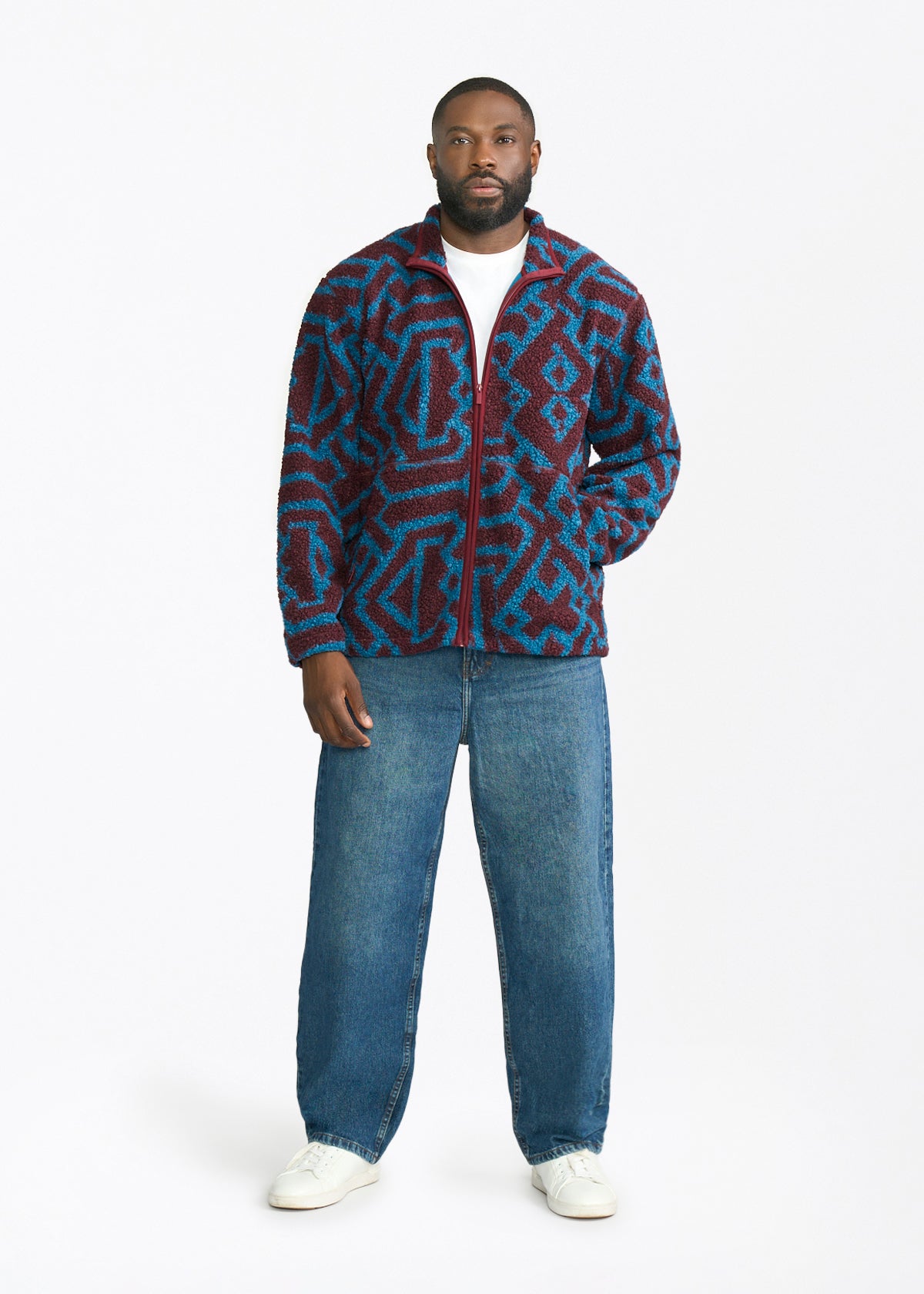 Idir Men's African Print Teddy Fleece Jacket (Maroon Teal Tribal) - D'IYANU