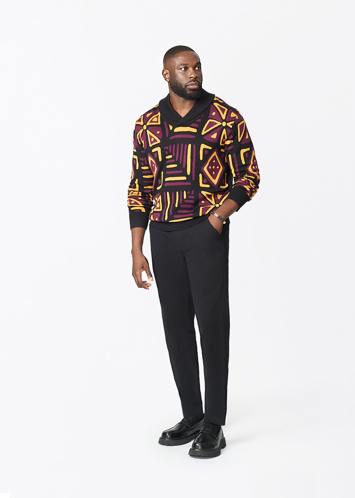 Iferan Men's African Print Sweater (Plum Black Tribal) - D'IYANU