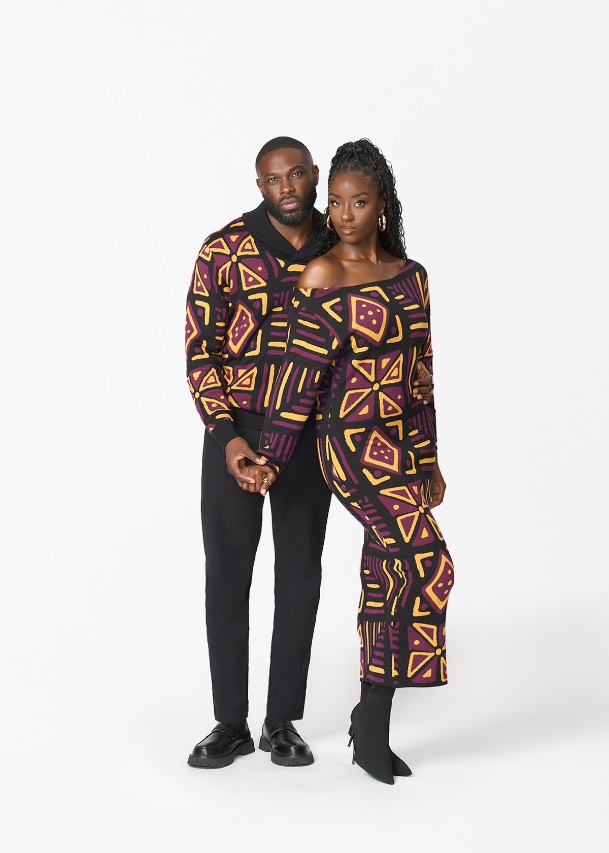 Ladi Women's African Print Sweater Dress (Plum Black Tribal) - D'IYANU