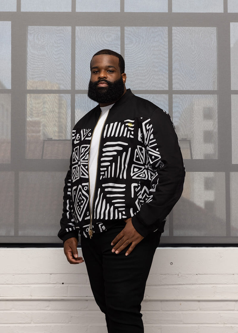 Ise Men's African Print Reversible Bomber Jacket (Grayscale Tribal)