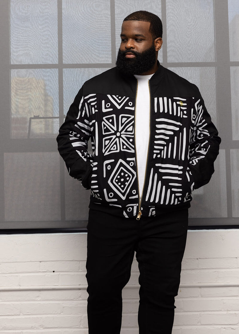 Ise Men's African Print Reversible Bomber Jacket (Grayscale Tribal)