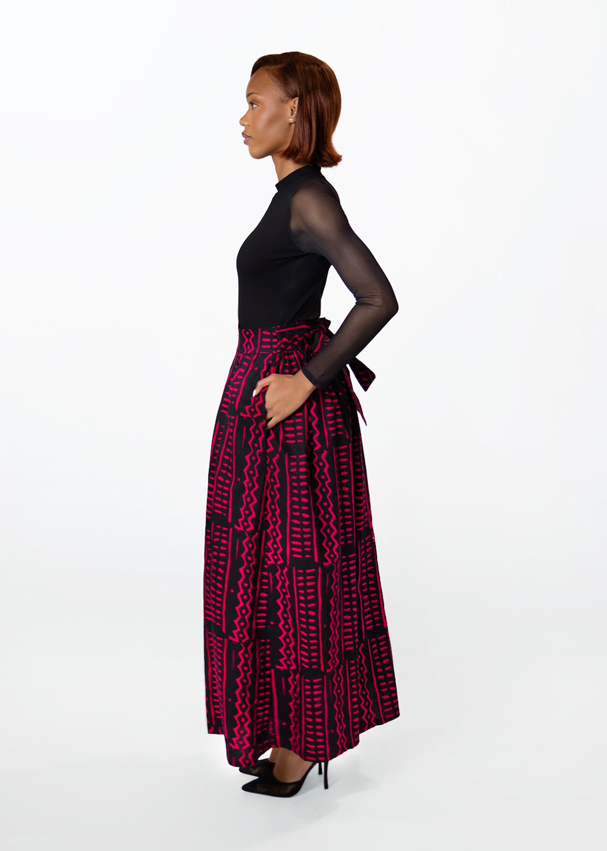 Isioma Womens African Print Maxi Skirt (Black Magenta Tribal)