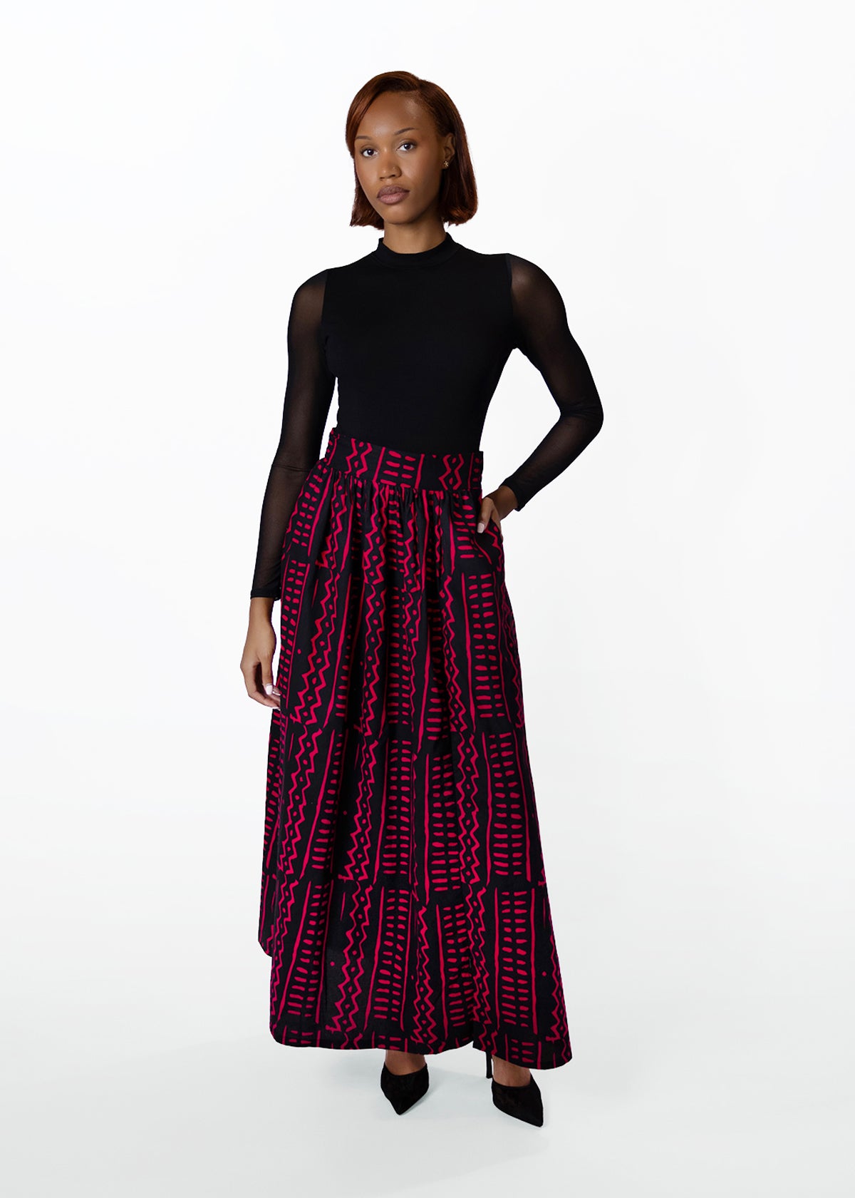 Isioma Womens African Print Maxi Skirt (Black Magenta Tribal)