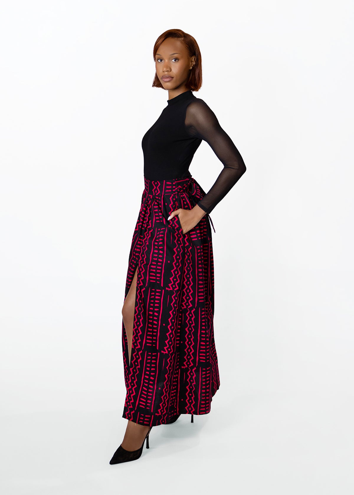 Isioma Womens African Print Maxi Skirt (Black Magenta Tribal)