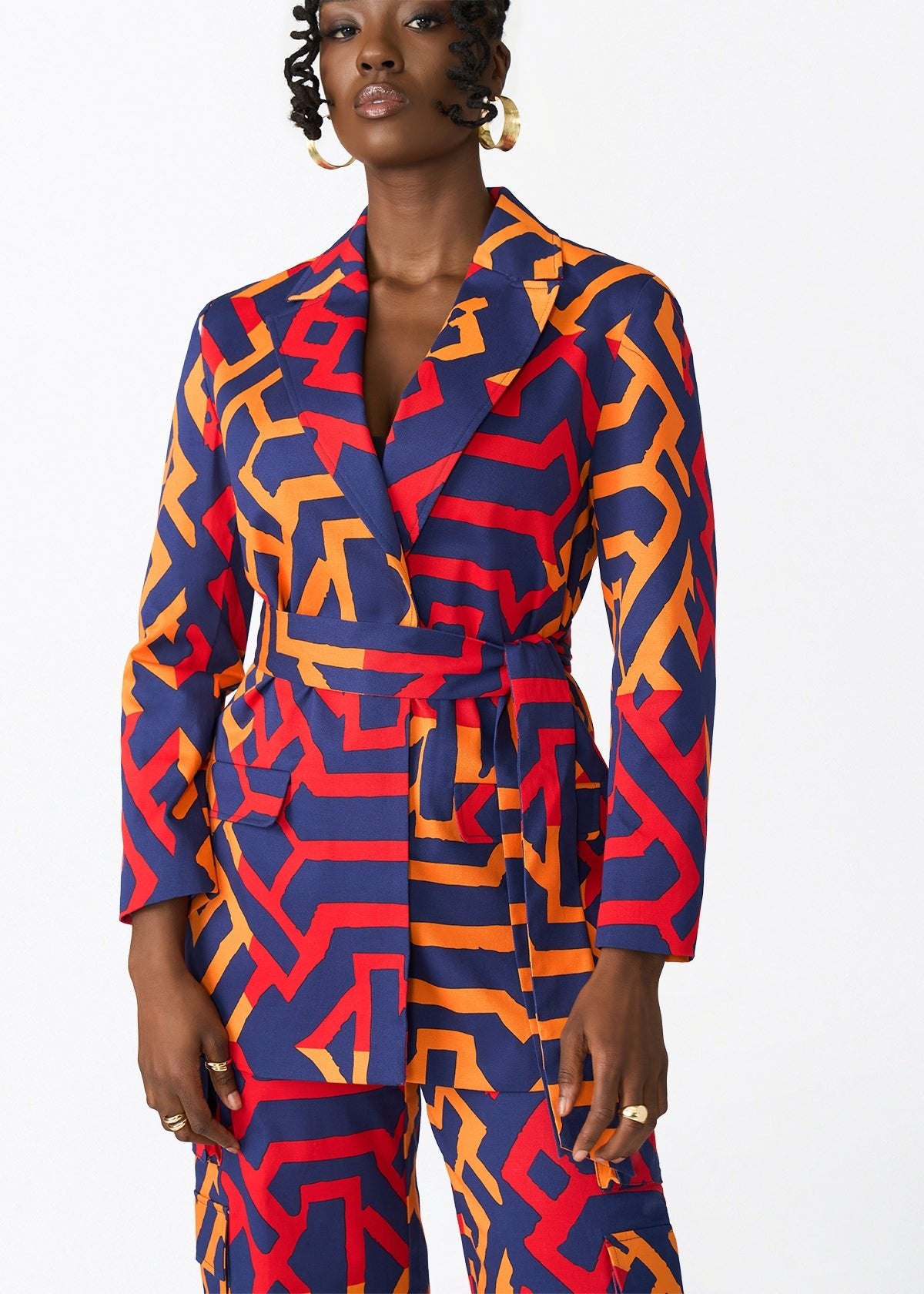 Izara Women's African Print Blazer (Blue Flame Tribal) - D'IYANU