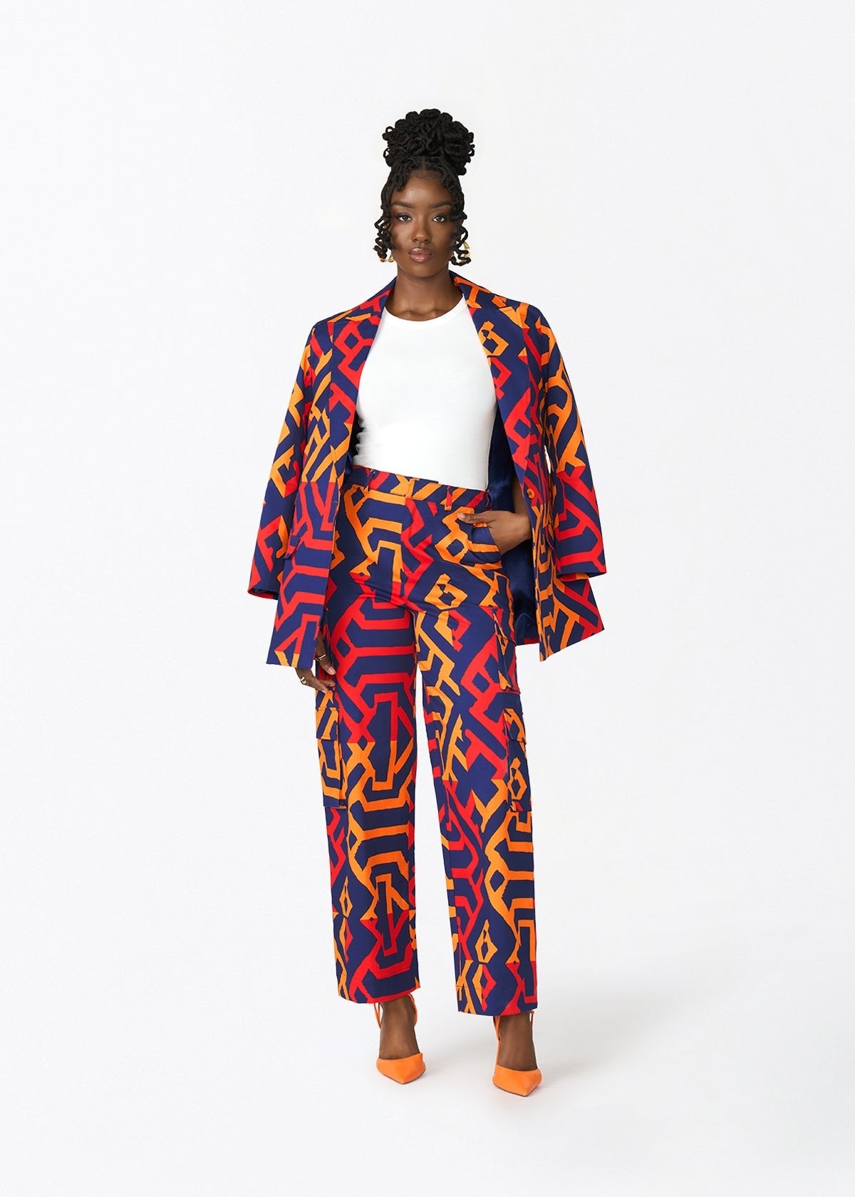 Izara Women's African Print Blazer (Blue Flame Tribal) - D'IYANU