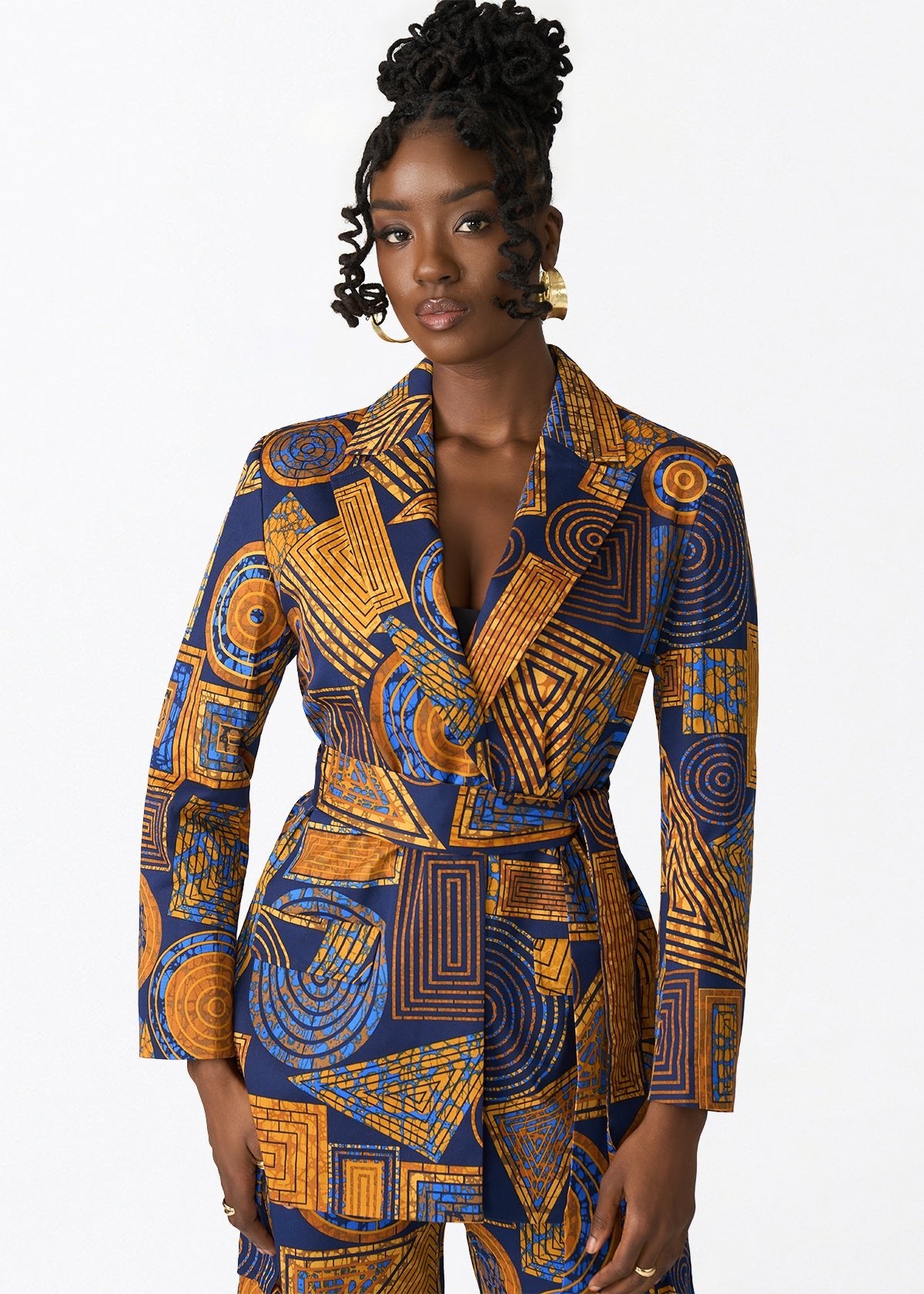 Izara Women's African Print Blazer (Royal Blue Geometric) - D'IYANU
