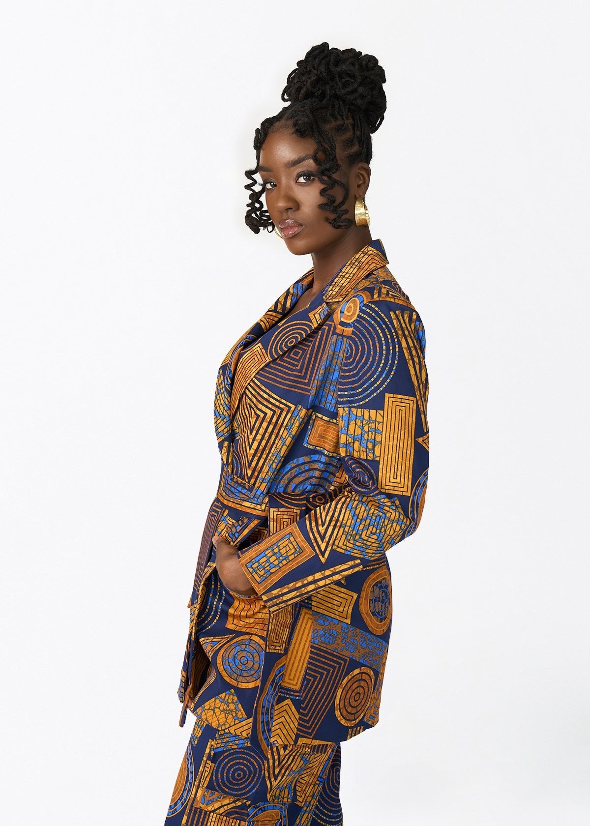 Izara Women's African Print Blazer (Royal Blue Geometric) - D'IYANU