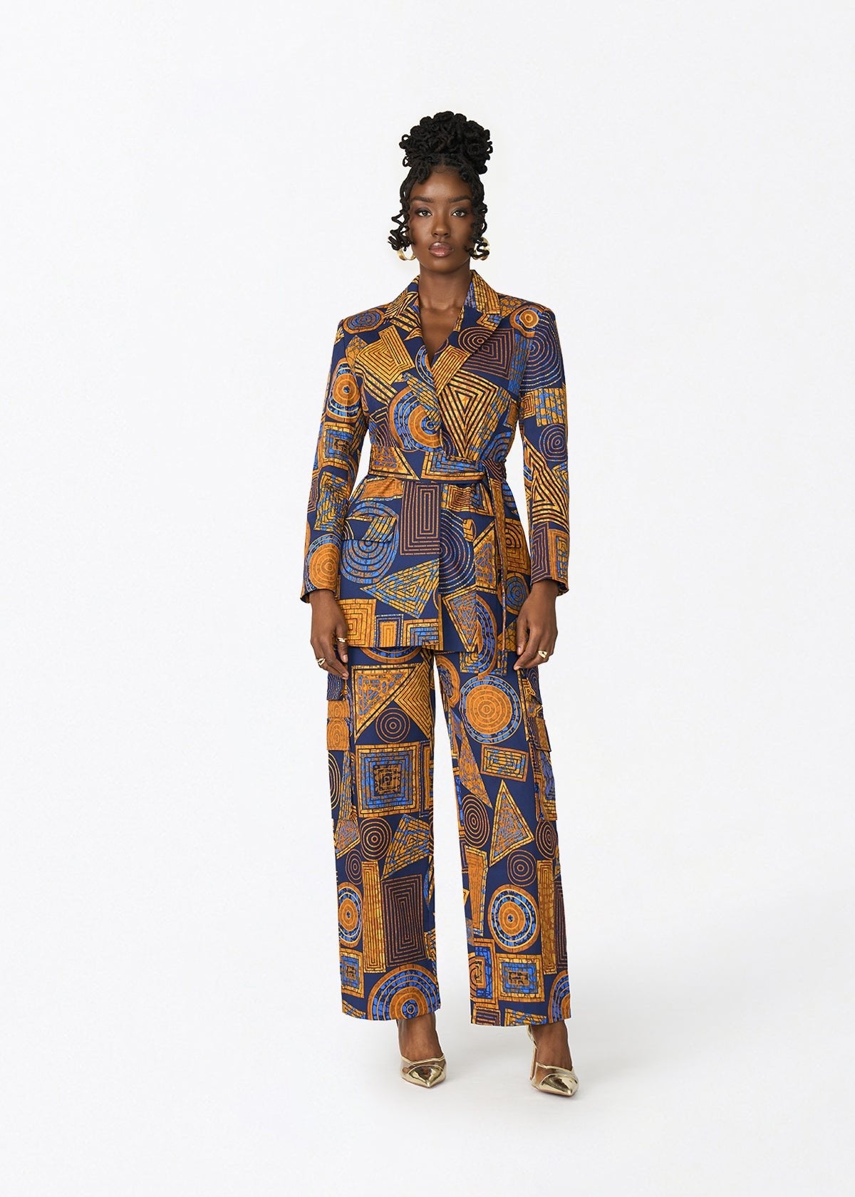 Izara Women's African Print Blazer (Royal Blue Geometric) - D'IYANU