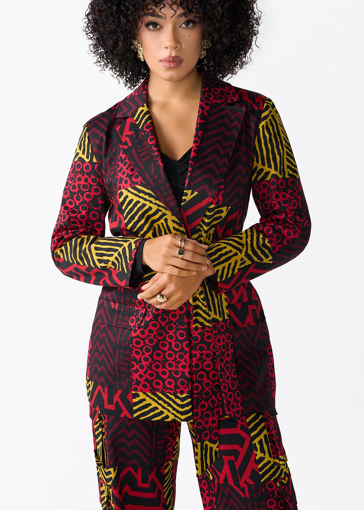 Izara Women's African Print Loose Fit Blazer (Black Cherry Multipattern)