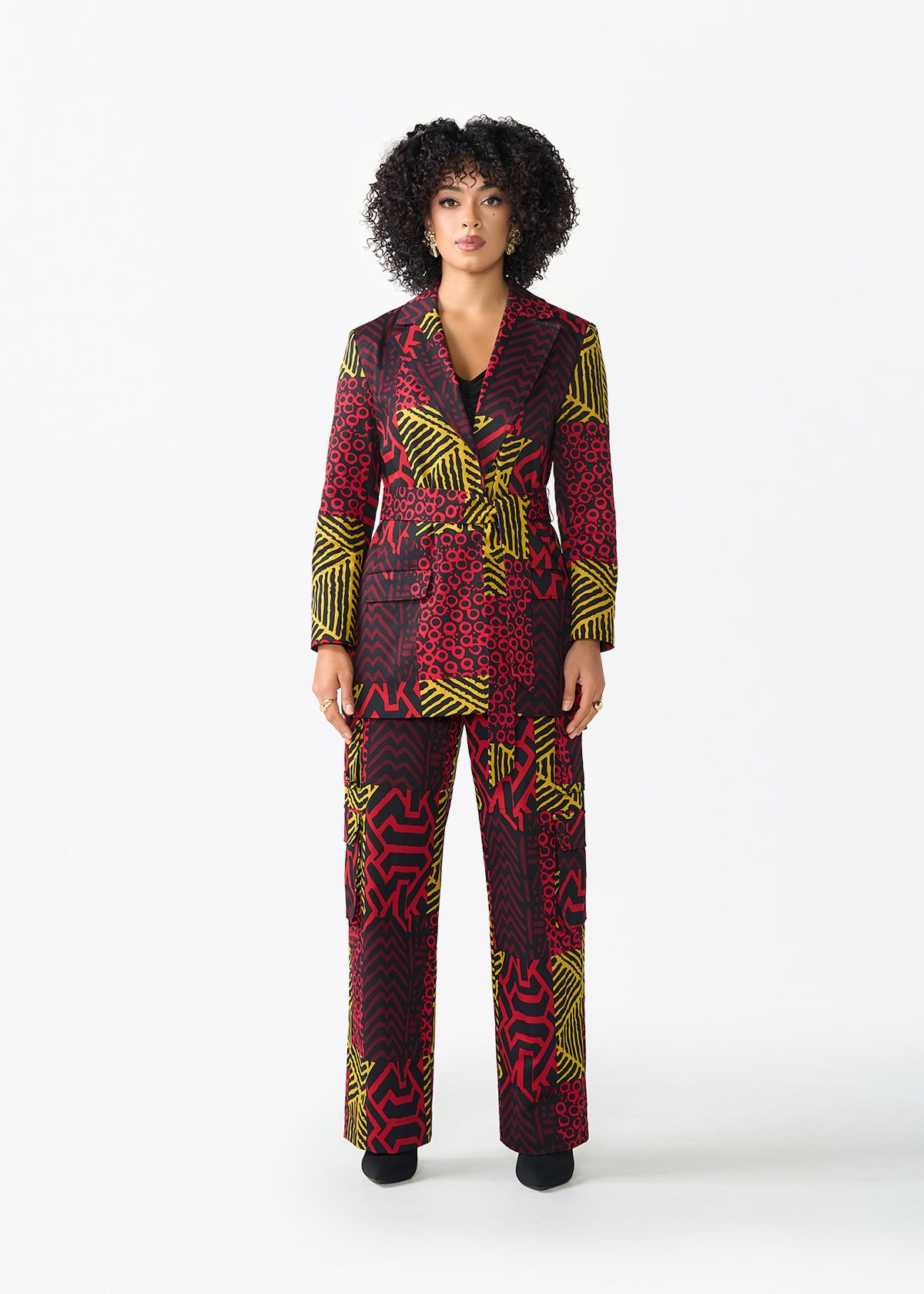 Izara Women's African Print Loose Fit Blazer (Black Cherry Multipattern)