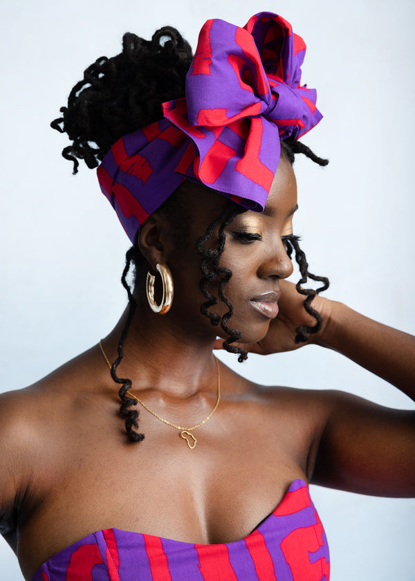 African Print Headwrap/Scarf (Purple Red Geometric)