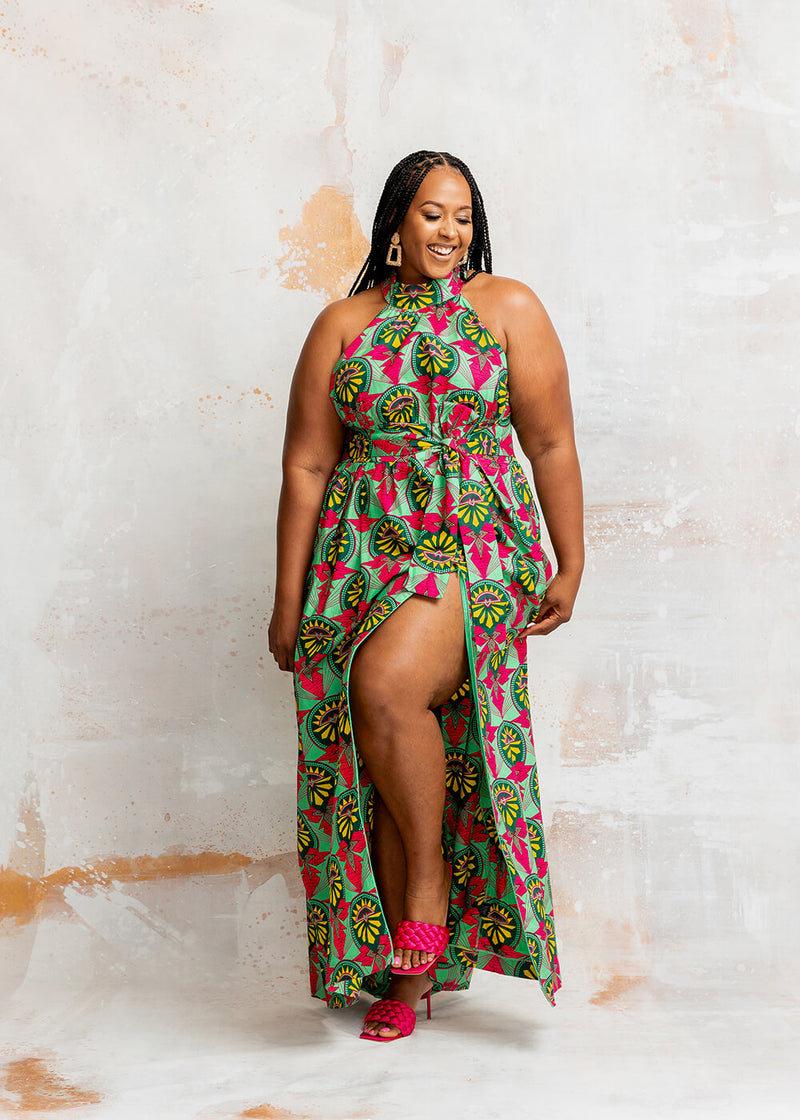 Ronke Women's African Print Maxi Dress (Green Pink Sunrise)