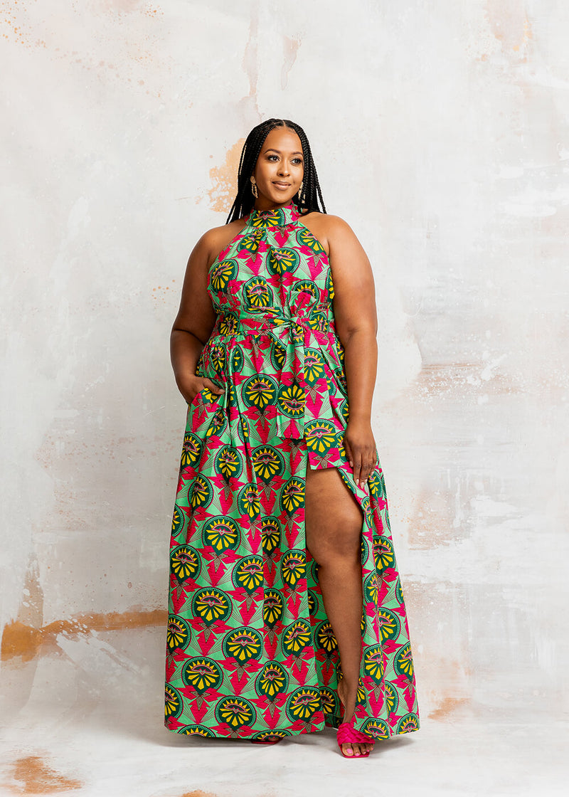 Ronke Women's African Print Maxi Dress (Green Pink Sunrise)-Clearance